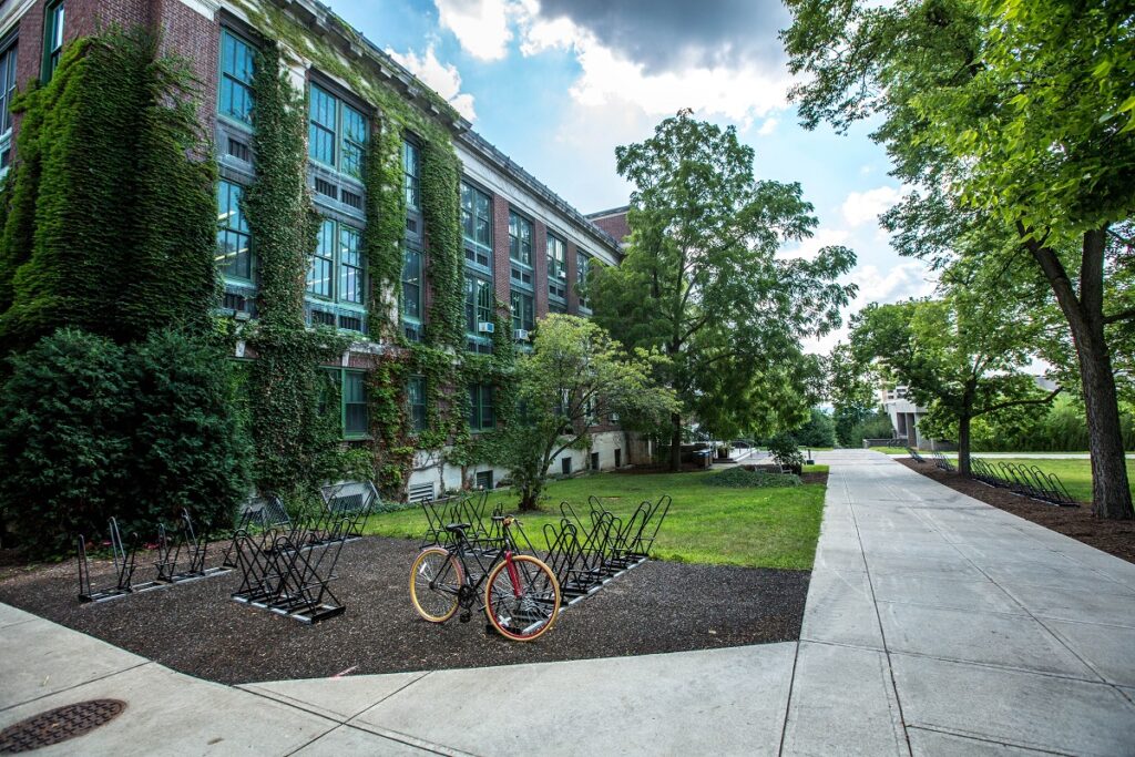 A moss-covered building on a college campus