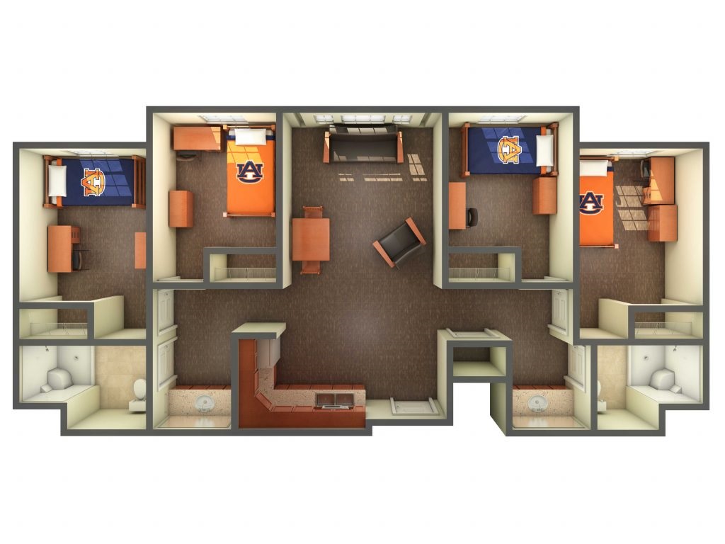 Floorplan of an apartment style dorm at Auburn University.