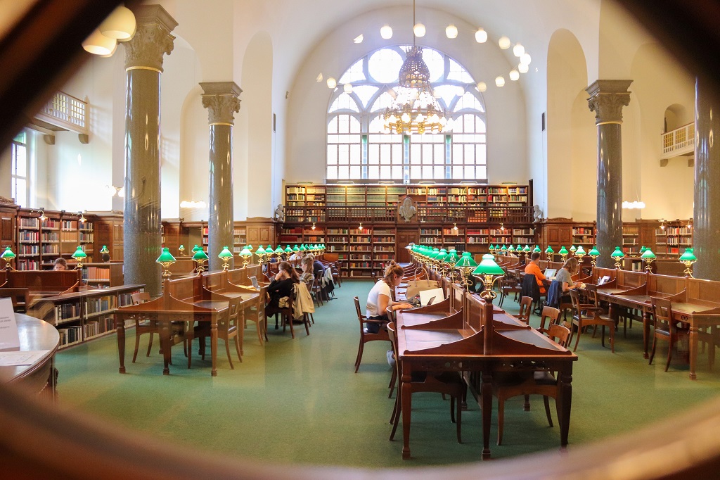 Students studying at a campus library.