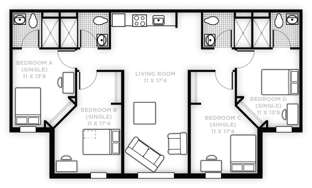 Floorplan of an on-campus apartment for Burnett Honors College students at UCF. 